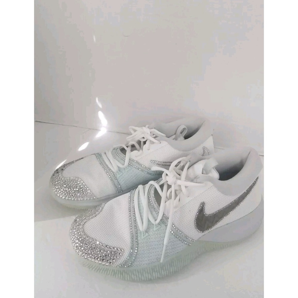 Nike Zoom Basketball Sneakers White Silver Rhinestone‎ Custom Embellished Shoes
